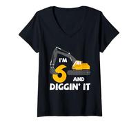 Donna Escavatore 6 ° Compleanno Diggin It Veicolo da Costruzione Maglietta con Collo a V