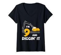 Donna Escavatore 9 ° Compleanno Diggin It Veicolo da Costruzione Maglietta con Collo a V