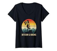 Donna escursionismo avventura escursione blockchain sats libertà investire Bitcoin Maglietta con Collo a V