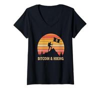 Donna escursionismo avventura escursione blockchain sats libertà investire Bitcoin Maglietta con Collo a V