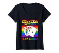 Donna Esercizio la Tua Mente Gioca Bridge Rainbow Cards Maglietta con Collo a V