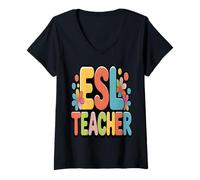 Donna ESL Teacher Groovy Floral Retro Maglietta con Collo a V