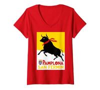 Donna Espana San Fermin Pamplona Spanish Flag Bull Running Maglietta con Collo a V