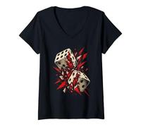 Donna Esplodere Dadi Rosso Frammenti Astratto Fortunato Design Maglietta con Collo a V