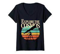 Donna Esplora Il telescopio Cosmos Astronomy Retro Maglietta con Collo a V