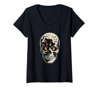 Donna Esposizione Multipla Halloween Scheletro Teschio Infestato Maglietta con Collo a V
