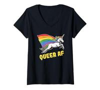Donna Espressione da unicorno Queer AF Rainbow Pride Maglietta con Collo a V
