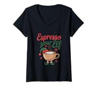 Donna Espresso Your Elf Christmas Coffee, Giochi di Parole, Simpatico tossicodipendente dalla Caffeina Maglietta con Collo a V