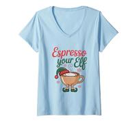 Donna Espresso Your Elf Christmas Coffee, Giochi di Parole, Simpatico tossicodipendente dalla Caffeina Maglietta con Collo a V