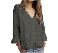 Donna Estate Cotone Lino Manica a Sbuffo Scollo a V Oversize Vintage Babydoll Lounge Comfort Pullover Moda Camicetta Top, Grigio, XL