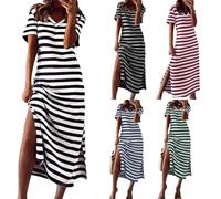 Donna Estate Scollo a V Manica Corta a Righe T Shirt Vestito Lungo Cotone Sciolto Vacanze Cento Abiti da Spiaggia (Nero,L)