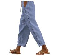 Donna estate traspirante a righe coulisse tasca posteriore fibbia laterale Nine Point pantaloni per il tempo libero, Blu, S