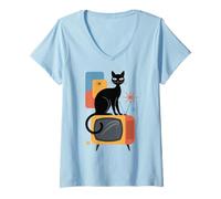 Donna età atomica, Gatto retrò, TV Vintage & Modern Mid-Century Maglietta con Collo a V