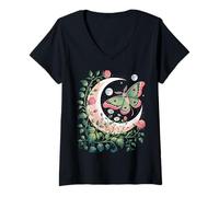 Donna Ethereal Celestial Moth Butterfly Flowers Moon Aesthetic Maglietta con Collo a V