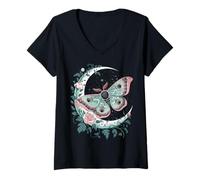 Donna Ethereal Celestial Moth Butterfly Flowers Moon Aesthetic Maglietta con Collo a V