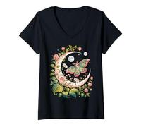Donna Ethereal Celestial Moth Butterfly Flowers Moon Aesthetic Maglietta con Collo a V
