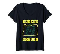 Donna Eugene Oregon Retro Minimalista Albero di Pino E O Mappa dello Stato Maglietta con Collo a V
