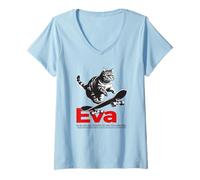 Donna EVA - Bellissimo nome di ragazza con gatto e skateboard Maglietta con Collo a V