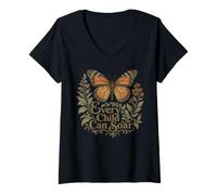 Donna Every Child Can Soar Back To School Butterfly Maglietta con Collo a V