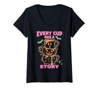 Donna Every Cup Has A Story Halloween Coffee Lover Mug Stack Maglietta con Collo a V