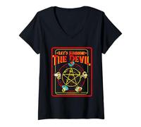 Donna Evociamo Il Diavolo Pentagramma Retro Satanico Dark Humor Maglietta con Collo a V