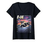 Donna F-14 Jet Y2K Style Synth Wave Grafica Maglietta con Collo a V