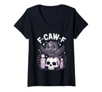 Donna F-CAW-F - Candele Kawaii con Corvo su Teschio, Design Anime Gotico Maglietta con Collo a V