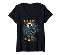 Donna F-Caw-F Divertente Corvo Divertente Adulto Umorismo Halloween f caw f Maglietta con Collo a V