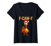 Donna F-Caw-F Xmas Chicken FCAWF Humour Santa Hat Christmas Pollo Maglietta con Collo a V