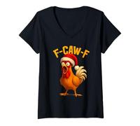 Donna F-Caw-F Xmas Chicken FCAWF Humour Santa Hat Christmas Pollo Maglietta con Collo a V