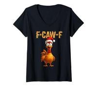 Donna F-Caw-F Xmas Chicken FCAWF Humour Santa Hat Christmas Pollo Maglietta con Collo a V