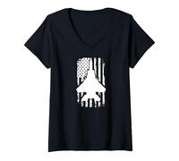 Donna F15 Eagle US Flag Fighter Airplane Jet Plane Aircraft Maglietta con Collo a V