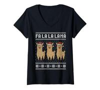 Donna Fa la la lama brutto maglione, Natale lama Babbo Natale cappello gioco di parole Maglietta con Collo a V