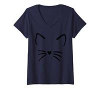 Donna Faccia di gattino Carino Allegro Gatti Amante cuore Gatto Positività Maglietta con Collo a V