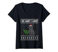 Donna Faccio quello che voglio, gatto e albero di Natale brutto maglione Maglietta con Collo a V
