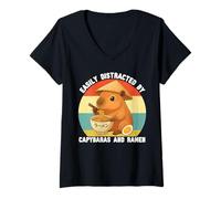 Donna Facilmente distratto da Capibara e Ramen Graphic Kids Teens Maglietta con Collo a V
