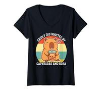 Donna Facilmente distratto da Capybaras e Boba Graphic Kids Teens Maglietta con Collo a V