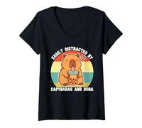 Donna Facilmente distratto da Capybaras e Boba Graphic Kids Teens Maglietta con Collo a V