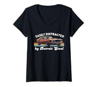 Donna Facilmente distratto da Detroit Steel, American Muscle Car Love Maglietta con Collo a V