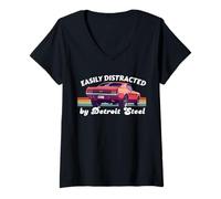 Donna Facilmente distratto da Detroit Steel, American Muscle Car Love Maglietta con Collo a V