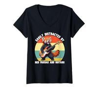 Donna Facilmente distratto da Red Pandas e Guitars Graphic Maglietta con Collo a V