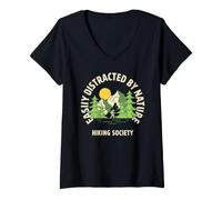 Donna Facilmente distratto dalla Natura Escursionismo Society Trail Escursionista Amante Maglietta con Collo a V