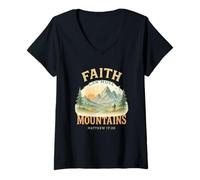 Donna Faith Can Move Mountains Matthew 17:20 Watercolor Scene Maglietta con Collo a V