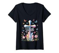 Donna Faith Cross Butterflies Floral Religious Christ Flowers Maglietta con Collo a V
