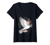 Donna Falco volante illustrazione notte foresta acquerello natura Maglietta con Collo a V