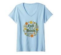 Donna Fall for A Book Autumn Reading Teacher Graphic Maglietta con Collo a V