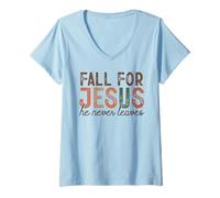 Donna Fall for Jesus He Never Leaves Christian Faith Autunno Camicia Maglietta con Collo a V