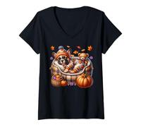 Donna Fall Frenchie Dog with Autumn Vibes French Bulldog Puppy Maglietta con Collo a V