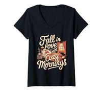 Donna Fall in Love with Cozy Mornings Autumn Bedroom Scene Maglietta con Collo a V