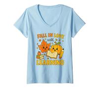 Donna Fall in Love with Learning Cute Autumn Teacher Maglietta con Collo a V